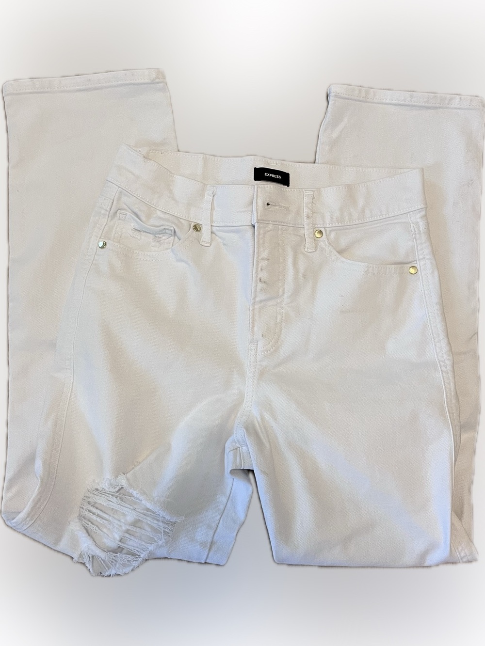 Express White Jeans Distressed Straight Ankle High Rise 2R Gold Hardware